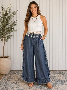 Sage & Fig Chambray Wide Leg Pants Ruffle Trim Boho Drawstring Size S, M, L NWT